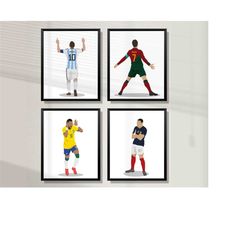 printable ronaldo messi neymar mbappe poster bundle, set of 4 prints, hand-drawn soccer wall art