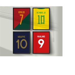 printable football stars jersey, ronaldo mbappe, neymar haaland set, teenager room decoration, 4 football shirts print,