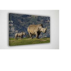 baby and mother rhino, canvas wall art print