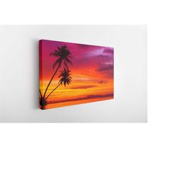 palm trees silhouette at sunset beach, canvas wall