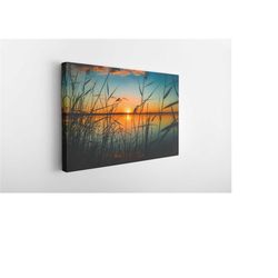 lakeside sunset landscape among plants, canvas wall art