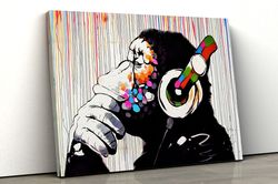 thinking monkey, dj monkey wall art, banksy monkey, colorful rainy monkey, monkey canvas, banksy painting, street art pr