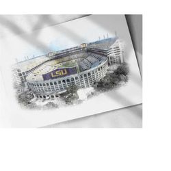 lsu tiger stadium field drawing, sketch, watercolor poster - canvas print, sports art print, man cave gift, wall decor,