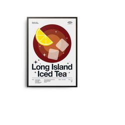 midcentury long island iced tea cocktail poster, cocktail print, cocktail kitchen art, cocktail recipe print, cocktail g