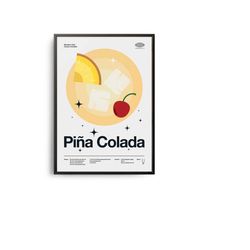 midcentury pia colada cocktail poster, pia colada cocktail print, cocktail kitchen art, cocktail recipe poster, cocktail