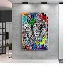 78 pop culture painting - pop culture decoration - graffiti painting - lion canvas - lion decoration - banksy canvas - s