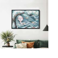 girl with blue hair watercolor illustration, abstract boat wall art, abstract sea landscape, sea canvas, sea landscape,