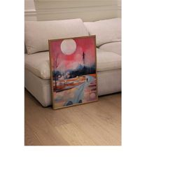 pink dreams, abstract landscape painting, contemporary & modern poster art for home decor, liminal/surrealist acrylic pa