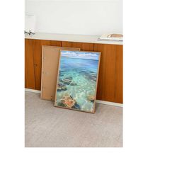 crystal waters, ocean watercolor painting, tropical/coastal scenery, minimal poster art print, cool toned art for home w