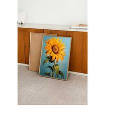 sunflower portrait, floral acrylic painting, vibrant yellow & blue brushstrokes, eclectic home wall decor