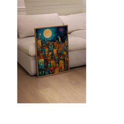 whimsical city, fantasy painting artwork, abstract & magical cityscape art poster, colorful wall decor for home and room