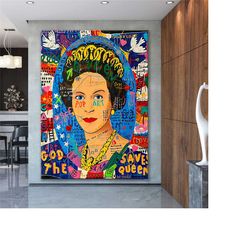 banksy style elizabeth queen pop art canvas decor, brainwash the queen pop art graffiti wall art, pop art graffiti home