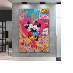 mickey mouse and minnie mouse graffiti , love paint pop art canvas banksy style pop art print, pop art wall art, pop art