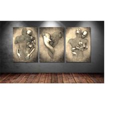 set of 3 vintage love heart canvas wall art, 3d effect, love heart wall art,hugging couple painting,couple wall decor ,c