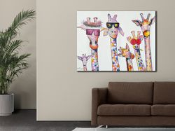 giraffes family  canvas wall art, colorful giraffe poster, animal painting on canvas, giraffes lovers gifts, home decor,
