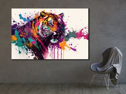 tiger canvas decor, colorful ceopard painting, art tiger painting, animal home art, roaring tiger color print, print, ro