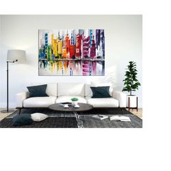 abstract painting canvas wall art, big city landscape  oil painting print, urban art painting, office decor, city landsc