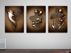 kissing,hugging,red heart canvas painting set, love couples with bronze glitter texture on canvas, 3 d effect, 3d wall a