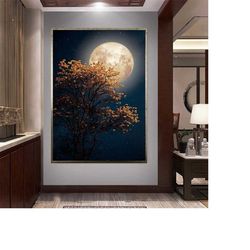 moon landscape canvas wall art, night landscape canvas print art, moonlight and tree ready to hang canvas wall art, yell