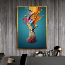 brush canvas print, colorful brush wall decor, orange blue art, surreal canvas decor, painter decoration
