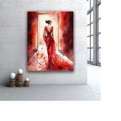 woman canvas print, woman in red dress, modern art, red canvas art, ready to hang canvas