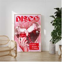 pink disco tequila 70s groovy poster bar cart art dorm decor, disco ball decor groovy wall art preppy room decor, maxima