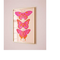 pink orange butterfly wall art preppy room decor for teens, cute apartment decor maximalist wall art, funky art print ae