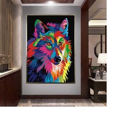 lone wolf canvas wall art, colorful wolf canvas print art, orange eyed wolf canvas print art, blue wolf canvas wall deco
