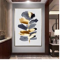 abstract leaves canvas wall art, gold lines canvas wall art, gray lines ready to hang canvas wall art, abstract canvas w