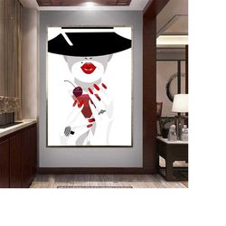 woman with red lipstick canvas wall art, woman in black hat canvas print art, woman drinking cocktail canvas wall art, w