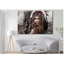 american indian canvas art indian woman canvas print indian art native indian headdress feathers indian large canvas art