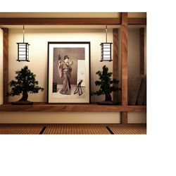 japanese culture photography - woman wearing a kimono and preparing her hair - vintage print canvas