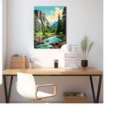 cartoon valley printed metal canvas, pixel art mountain landscape wall art, anime villages, sunny forest illustration, h