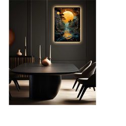 mysterious yellow moon wall art, futuristic landscape metal canvas, dreamscape, magic moon hanging, exotic fantasy paint
