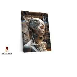 3d artificial intelligence woman, canvas metal wall hangings, metal wall decor, futurist world art, metal printing decor