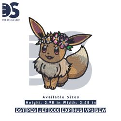 eevee pokemon embroidery design file, digital embroidery download, machine embroidery design, pes and dst format