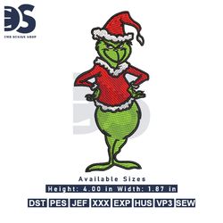 christmas grinch embroidery design file, digital embroidery download, machine embroidery design, pes and dst format
