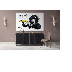 monkey with banana banksy graffiti street wall arts canvas, street art canvas, wall hanging canvas, banksy painting canv