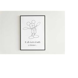 mickey mouse minimal digital art print - mickey mouse quote poster 'it all started with a mouse' perfect for kids wall a