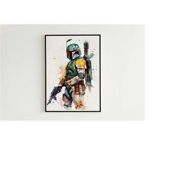 boba fett star wars watercolor print - star wars art printable, boba fett wall art poster, star wars, gift idea, home de