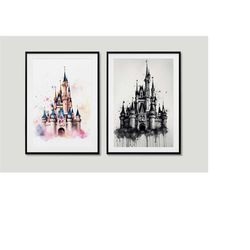 magic kingdom duo pack 2 watercolor paintings - princess castle printable castle painting nursery wall art kids room wal