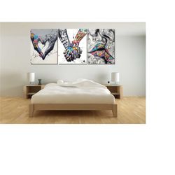 banksy set of 3 ready to hang canvas, gift for lover, famous mural quote, banksy heart canvas, banksy kiss canvas, banks