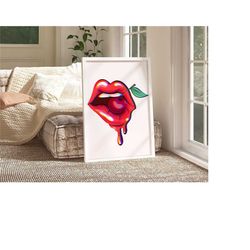 aesthetic red lips wall art, lip bite poster, trippy poster, cherry prints, preppy dorm deco, maximalist wall art, edgy