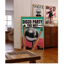 disco party poster, trendy wall art, bar cart art, collage art disco ball decor, funky apartment decor, retro disco art