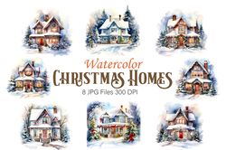 watercolor christmas home. clipart bundle.