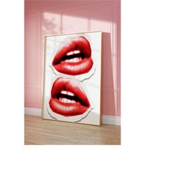 red lips poster, magazine print, preppy dorm room decor, aesthetic poster, maximalist prints, retro 70s wall art, edgy w