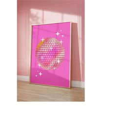 disco ball poster, pink preppy wall art, trendy poster, pink room decor, y2k deco, maximalist wall art, eclectic digital