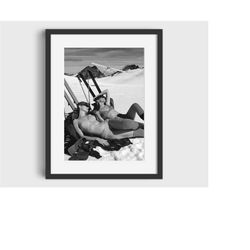 vintage bikini ski girls photo print - digital download - vintage ski art, ski home decor, antique ski, ski lodge wall d