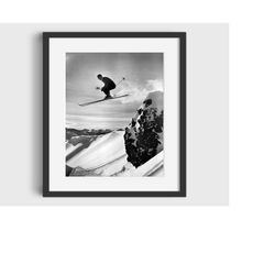 vintage nude skier photo print - digital download, printable art, vintage ski art, ski home decor, ski lodge wall decor,