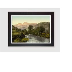 framed vintage langdale pikes, lake district photograph print wall art poster